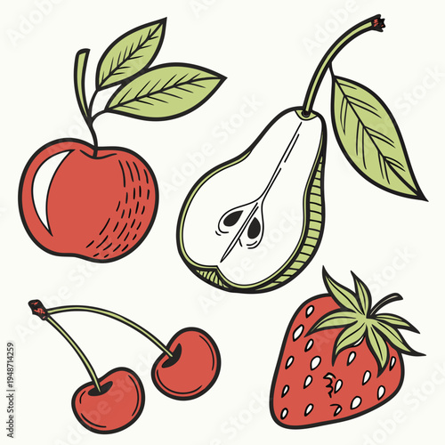 Assorted fruit illustrations: cherry, pear, strawberry, great for culinary