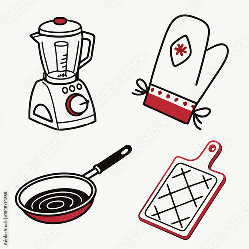 Kitchen utensil icons: blender, mitt, pan, cutting board, ideal for cooking