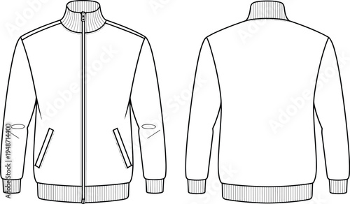 Women bomber jacket technical fashion flat sketch with zipper closure, rib knit collar cuffs hem, front and back view