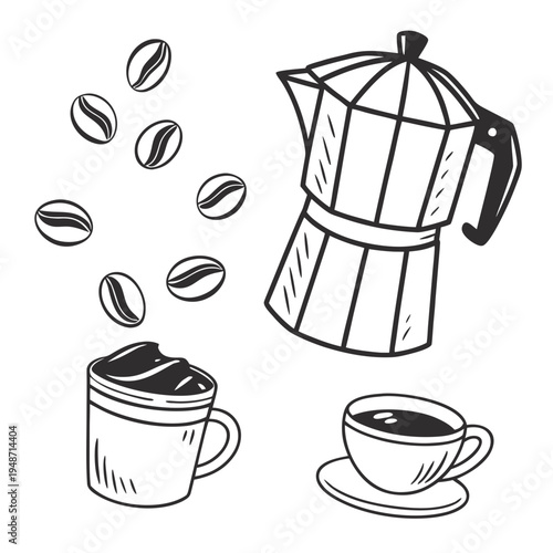 Coffee beans, moka pot, and coffee cups line art, white background