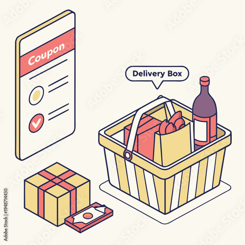 Online shopping delivery basket with coupon and boxes with online store