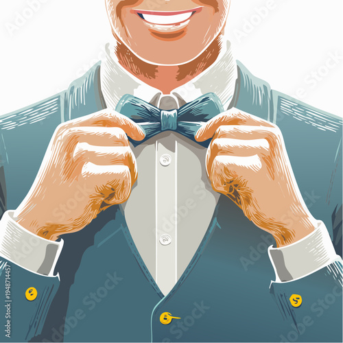 Man in formal attire adjusting his bow tie ready for a special occasion.