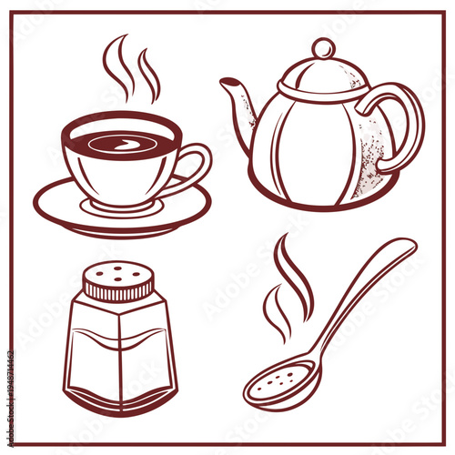 Hot coffee cup, teapot, salt shaker and spoon sketch, design conveys warmth