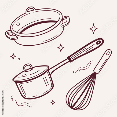 Kitchenware: pot, saucepan and whisk illustration, sketch-style illustration