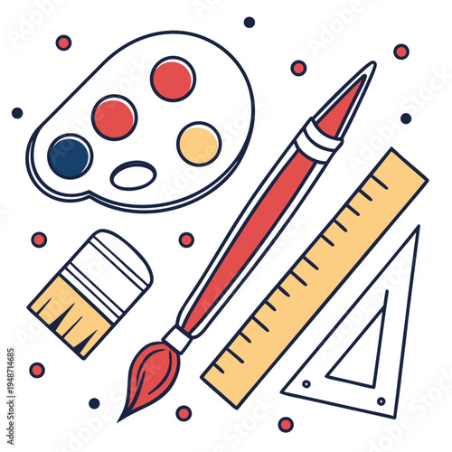 Art supplies icons: palette, brush, ruler, eraser, triangle - creativity