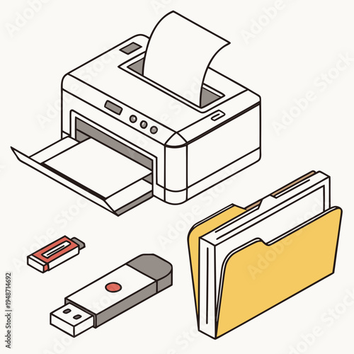 Isometric printer, usb drives & folder icon set. data & office storage