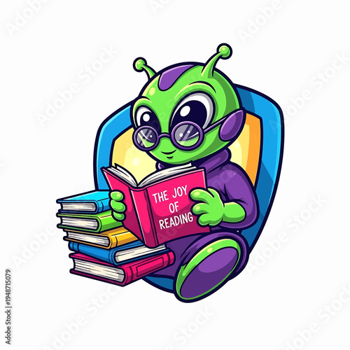 Green Alien Reading Books in Chair