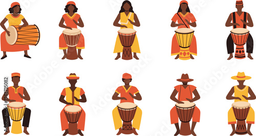 African Tribal Drummers Playing Traditional Djembe Drum Icon Set with Cultural Musicians in Ethnic Clothing for Music Festival and Heritage Designs