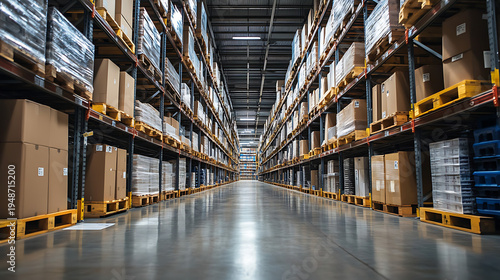 Empty warehouse aisle lined with stacked cardboard boxes. High ceilings and steel beams create industrial atmosphere. Bright lighting illuminates polished concrete floor