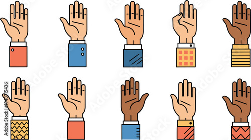 Raised Open Hand Gesture Icon Set with Diverse Skin Tones Representing Voting, Participation, Volunteering, Agreement, and Human Interaction Concepts