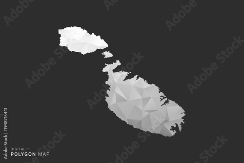 Malta Map - Polygon style vector illustration in black, gray and white low poly geometric design, minimal silhouette, isolated for infographic.
