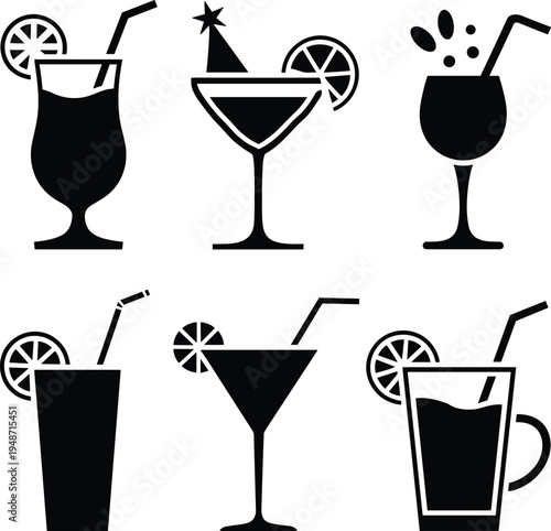 Black silhouettes of various cocktail glasses with straws and lemon slices on white background