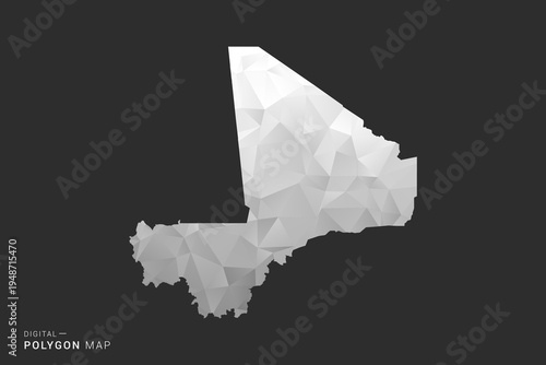 Mali Map - Polygon style vector illustration in black, gray and white low poly geometric design, minimal silhouette, isolated for infographic.