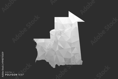 Mauritania Map - Polygon style vector illustration in black, gray and white low poly geometric design, minimal silhouette, isolated for infographic.