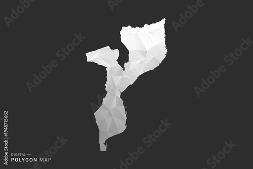 Mozambique Map - Polygon style vector illustration in black, gray and white low poly geometric design, minimal silhouette, isolated for infographic.