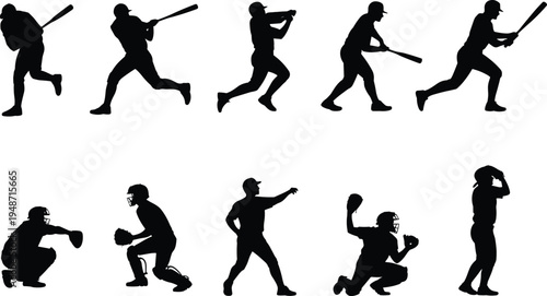 Baseball player silhouette collection featuring batting pitching catching and throwing poses, professional team sport athlete vector icons isolated on white background