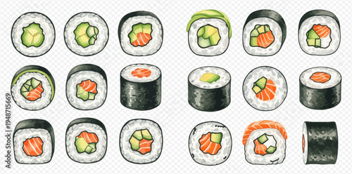 Set of various hand-drawn sushi rolls with different fillings on a transparent background.