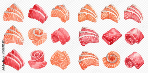 Watercolor illustration of various fresh salmon and tuna sashimi slices, perfect for Japanese cuisine designs.