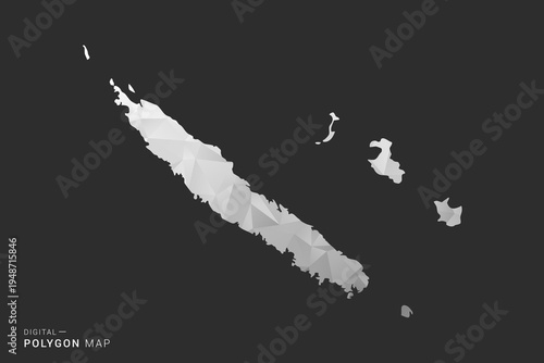 New Caledonia Map - Polygon style vector illustration in black, gray and white low poly geometric design, minimal silhouette, isolated for infographic.
