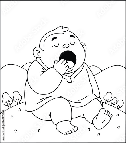 Coloring book illustration with a cute giant yawning on a hill