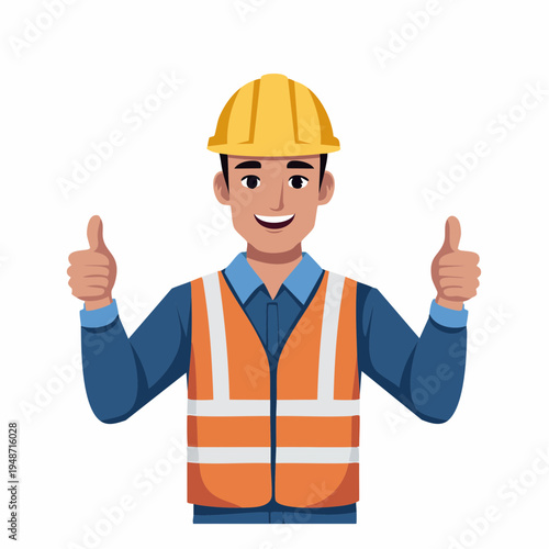 Positive and confident male construction worker in a yellow hard hat and safety vest giving double thumbs-up, representing approval and successful project completion