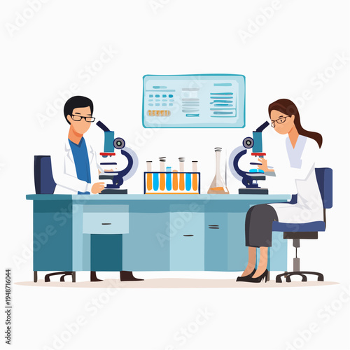 Scientists conducting scientific research in a modern laboratory, meticulously using microscopes and various lab equipment for experimental analysis and discovery