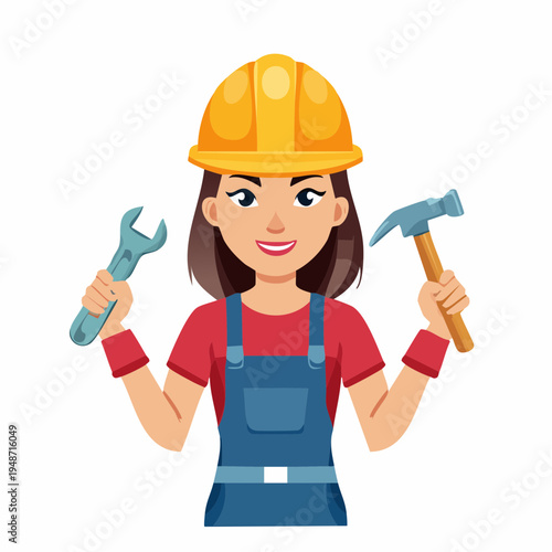 Confident and skilled female construction worker concept, ready for any repair or building project, equipped with a wrench and hammer, symbolizing empowerment and capability in modern industry