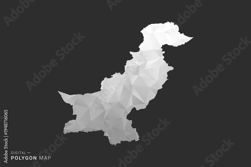 Pakistan Map - Polygon style vector illustration in black, gray and white low poly geometric design, minimal silhouette, isolated for infographic.