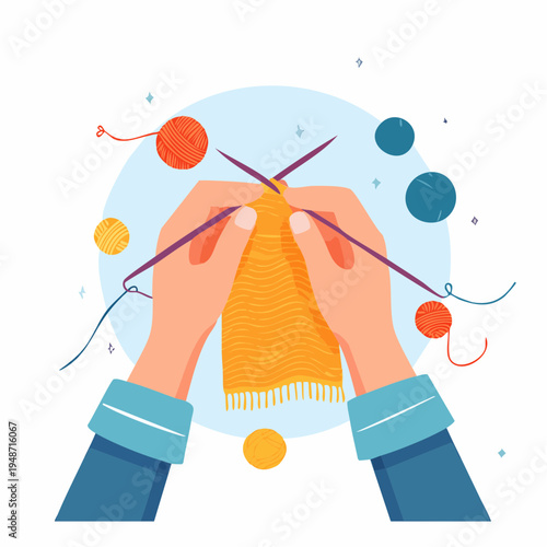 Hands knitting a warm yellow scarf with colorful yarn balls and knitting needles, creative hobby and crafting illustration