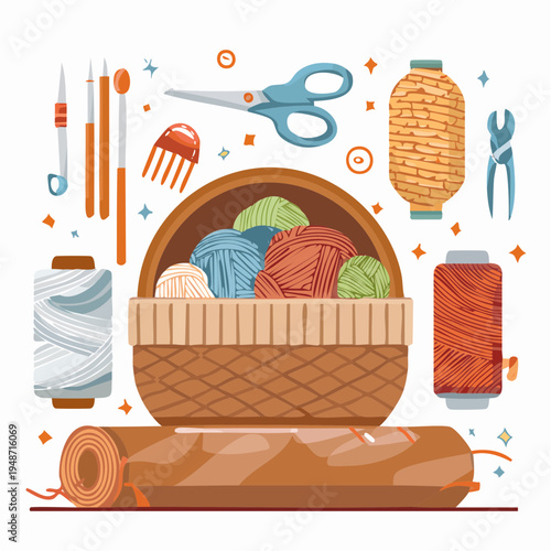 Crafting and needlework essentials for hobbyists, showcasing yarn, needles, scissors, and thread for knitting and sewing projects