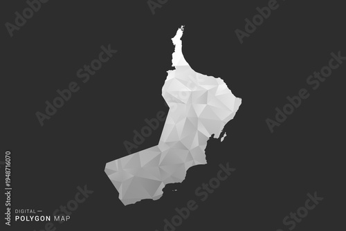 Oman Map - Polygon style vector illustration in black, gray and white low poly geometric design, minimal silhouette, isolated for infographic.