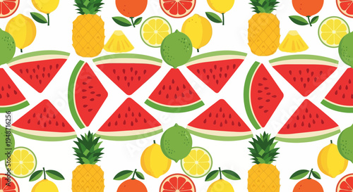 Vector fruit pattern with watermelon, pineapple, lemon, and orange slices
