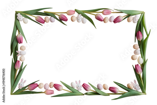 Spring tulip flowers frame with top and bottom borders isolated on transparent background PNG, floral layout
