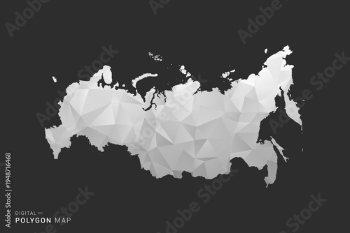 Russia Map - Polygon style vector illustration in black, gray and white low poly geometric design, minimal silhouette, isolated for infographic.