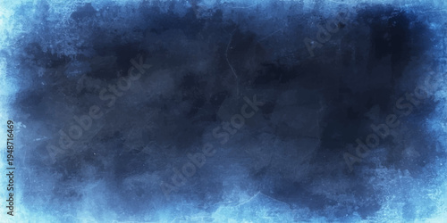 An abstract dark blue background features a moody storm sky filled with textured clouds, mist, and a faint glow of lightning for a dramatic nature backdrop