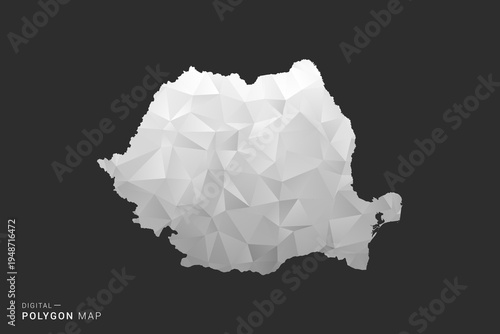 Romania Map - Polygon style vector illustration in black, gray and white low poly geometric design, minimal silhouette, isolated for infographic.