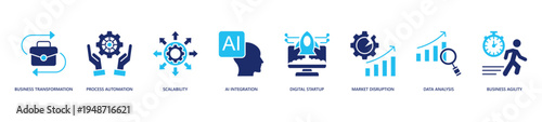 Business Transformation Icon Set. Icon set includes Business Transformation, Process Automation, Scalability, Ai Integration, Digital Startup, Market Disruption, Data Analysis, Business Agility.