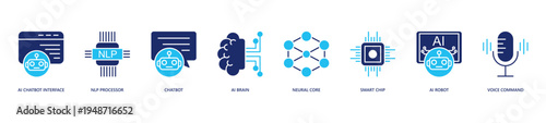 AI Agent Icon Set. Icon set includes Ai Chatbot Interface, Nlp Processor, Chatbot, Ai Brain, Neural Core, Smart Chip, Ai Robot, Voice Command.