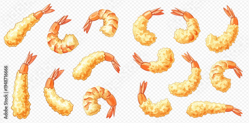 Set of delicious tempura shrimp and boiled prawns, isolated on a transparent background, perfect for culinary designs.