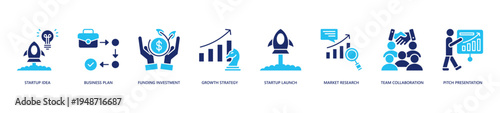 Startup Business Planning Icon Set. Icon set includes Startup Idea, Business Plan, Funding Investment, Growth Strategy, Startup Launch, Market Research, Team Collaboration, Pitch Presentation.