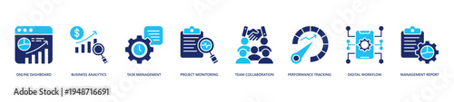 Online Business Management Icon Set. Icon set includes Online Dashboard, Business Analytics, Task Management, Project Monitoring, Team Collaboration, Performance Tracking, Digital Workflow.