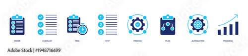 Workflow Icon Set. Icon set includes Order, Checklist, Task, Step, Process, Plan, Automation, Progress.