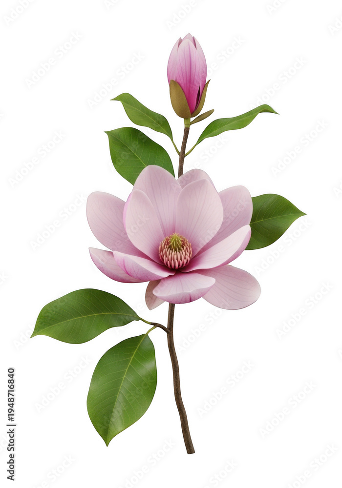Fototapeta premium A beautiful blooming pink magnolia flower with a closed bud and green leaves on a woody branch isolated on transparent background