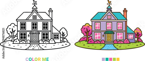 coloring page featuring a large elegant mansion estate, black and white outline alongside bright colorful example with palette, educational vector graphic