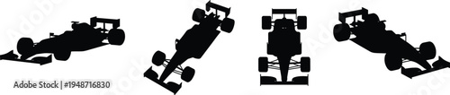 Formula racing car silhouette set with different angles, open wheel motorsport vehicle icons isolated on white background for speed racing design