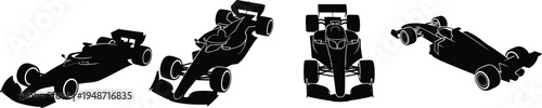 Formula racing car silhouette collection showing open wheel motorsport vehicles in different perspectives, high speed race car icons isolated on white background