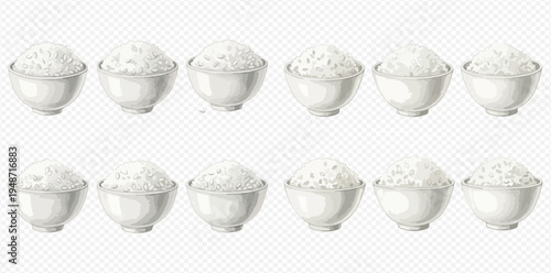 Set of twelve bowls filled with white rice, a staple food in many cultures.