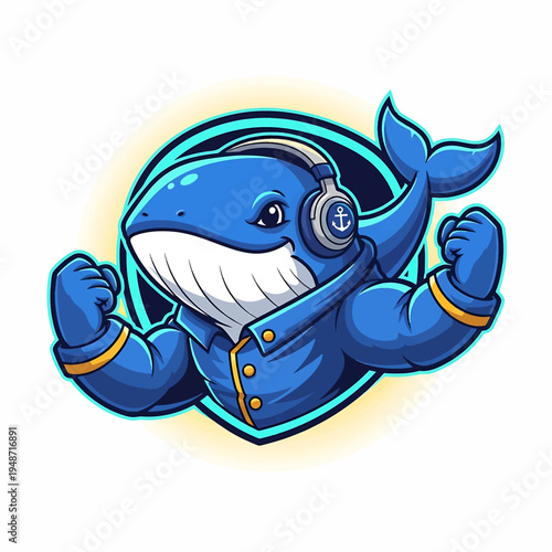 Shark Mascot in Captain Outfit Flexing Muscles for Team Spirit