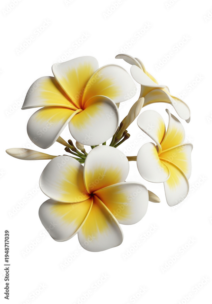 Obraz premium A cluster of delicate tropical plumeria flowers with white petals and vibrant yellow centers isolated on transparent background