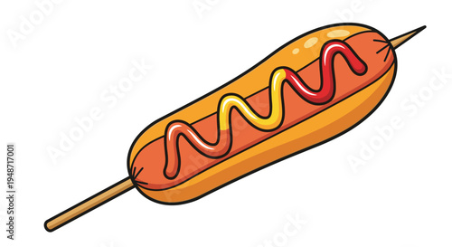 Delicious golden brown corn dog on a wooden stick topped with alternating squiggles of yellow mustard and red tomato ketchup.